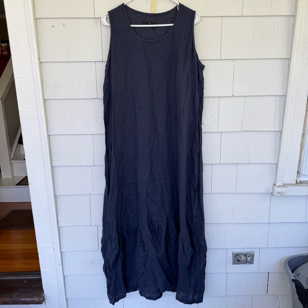 Kedem Sasson Sleeveless Linen Maxi Dress Navy Blue One Size